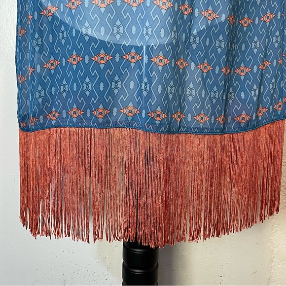#0229 NWT LuLaRoe Blue & Orange Aztec Kimono w/ Bottom Fringe-S - Picture 4 of 7
